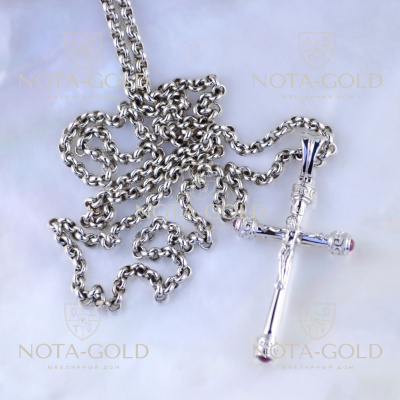 Православный крест из белого золота с рубинами на цепочке плетение Французское (Вес: 21,5 гр.)