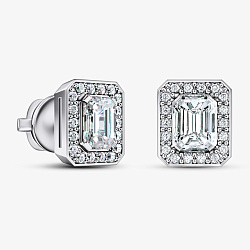 Серьги пусеты из белого золота с лабораторными бриллиантами Радиант с обсыпкой  (Вес 3,3 гр.)