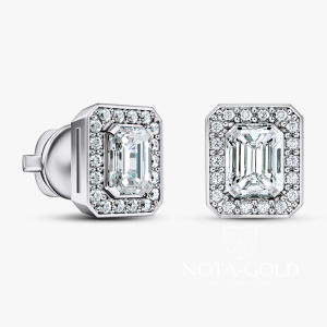 Серьги пусеты из белого золота с лабораторными бриллиантами Радиант с обсыпкой  (Вес 3,3 гр.)