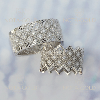 Ажурное обручальное кольцо из белого золота с бриллиантами (Вес пары: 16 гр.)