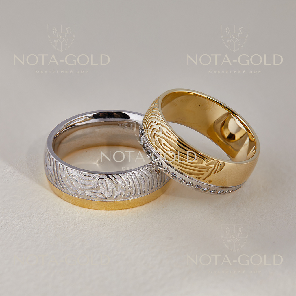 Двухцветные эксклюзивные обручальные кольца с отпечатком пальца ибриллиантами (Вес пары:11 гр.)