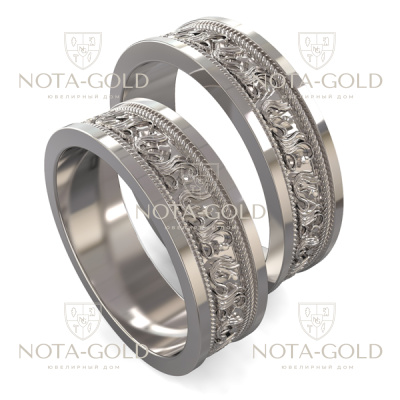 Обручальные кольца с рельефным растительным узором из белого золота на заказ (Вес пары: 14 гр.)