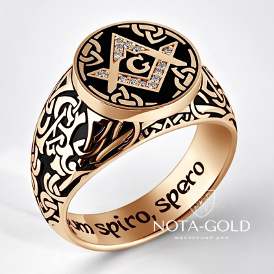 Золотая печатка с бриллиантами, чернением и гравировкой символики (Вес 22 гр.)