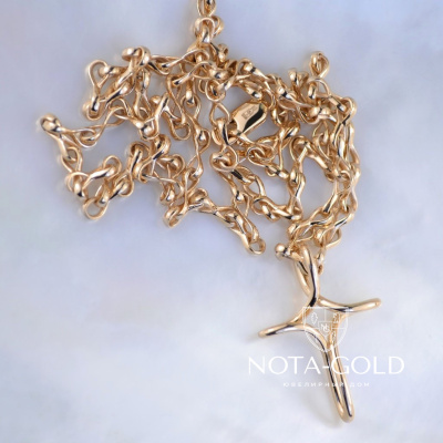 Женский золотой крест ручной работы на цепочке плетение Бесконечность (Вес: 17 гр.)