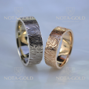Обручальные кольца с отпечатками пальцев - мужское из белого и женское из красного золота (Вес пары: 11 гр.)
