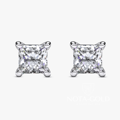 Женские серьги пусеты из белого золота с бриллиантами огранки Принцесса (Вес 1,8 гр.)