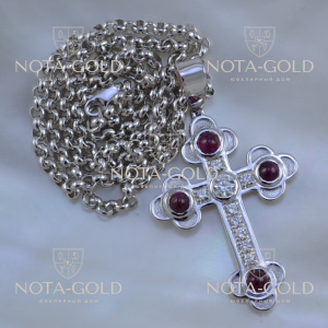 Комплект крест с цепочкой из белого золота, бриллиантами и рубинами (Вес: 43 гр.)
