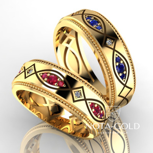 Обручальные кольца Париж с бриллиантами, сапфирами и рубинами из жёлтого золота (Вес пары: 12,5 гр.)