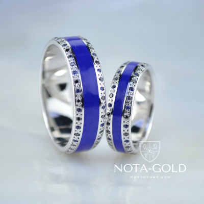 Обручальные кольца с синей эмалью, бриллиантами и сапфирами из белого золота (Вес 15 гр.)
