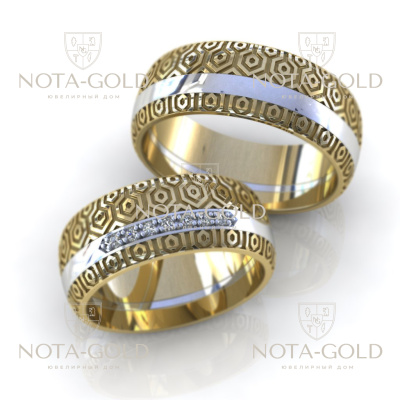 Обручальные кольца Градиент из жёлто-белого золота с бриллиантами (Вес пары 16,3 гр.)