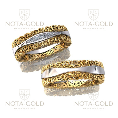 Винтажные обручальные кольца из жёлто-белого золота с узором и бриллиантами (Вес: 14 гр.)