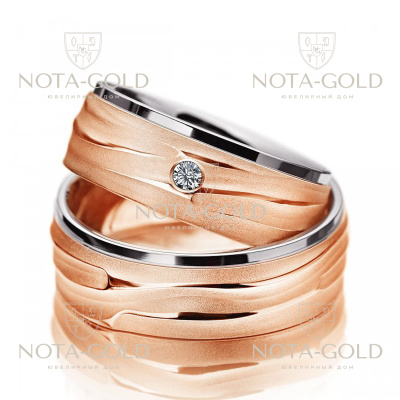 Двухцветные обручальные кольца в виде песка с бриллиантом на заказ (Вес пары: 15 гр.)