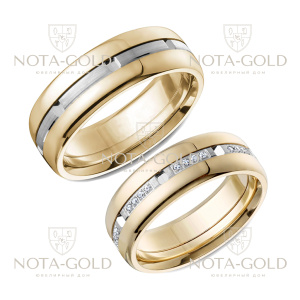 Обручальные кольца широкие из желто-белого золота в виде звеньев с бриллиантами (Вес пары: 17 гр.)