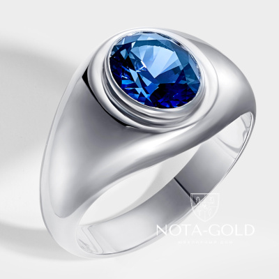 Мужское кольцо из белого золота с овальным сапфиром (Вес 10,3 гр.)
