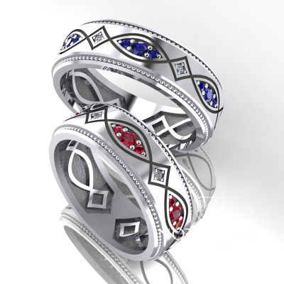 Обручальные кольца Париж с бриллиантами, сапфирами и рубинами из белого золота (Вес пары: 12,5 гр.)