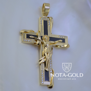 Эксклюзивный серебряный крестик с позолотой, ониксом и фианитами (Вес 16 гр.)