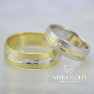 Необычные парные обручальные кольца из золота двух цветов (Вес пары: 10 гр.)