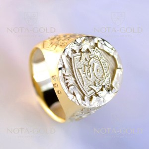 Мужское золотое именное кольцо с инициалами, узором и личной гравировкой (Вес: 12,5 гр.)