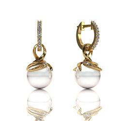 Серьги из жёлтого золота с крупными жемчужинами и бриллиантами (Вес: 3,5 гр.)