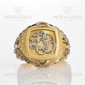 Перстень из желтого и белого золота с бриллиантами и личной монограммой (Вес 33,4 гр.)