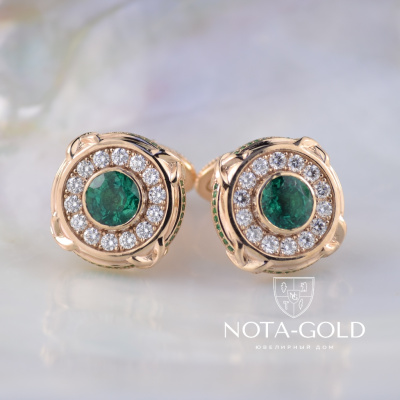Запонки из красного золота с бриллиантами и изумрудами (Вес 30,5 гр.)