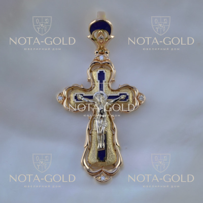 Золотой крестик с синей эмалью и бриллиантами (Вес 10 гр.)