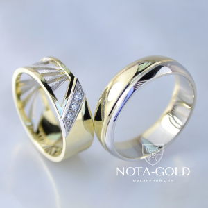 Обручальные кольца из двух видов золота с бриллиантами и лучами (Вес пары 10 гр.)
