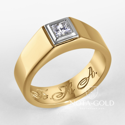 Мужское золотое кольцо с бриллиантом и гравировкой (Вес 15,2 гр.)