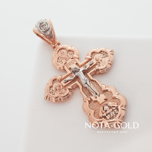 Православный серебряный крест с позолотой, распятием, ликами святых и молитвой Честному и Животворящему Кресту (Вес 13 гр.)