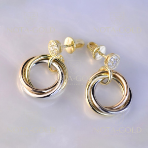Золотые женские серьги из трёх видов золота с бриллиантами (Вес: 11 гр.)
