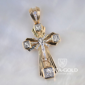 Серебряный крест с позолотой ручной работы с ликами святых и фианитами (Вес 12 гр.)