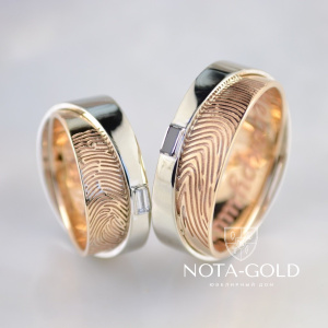 Обручальные кольца из двух видов золота с бриллиантами, гравировкой, волками и отпечатками пальцев (Вес пары 17 гр.)