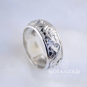 Широкое кольцо из белого золота с цветочным узором на заказ (Вес: 6,5 гр.)
