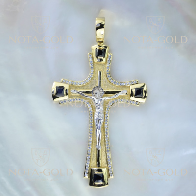 Большой мужской крест 8 см из жёлтого-белого золота с бриллиантами и сапфирами (Вес 32 гр.)