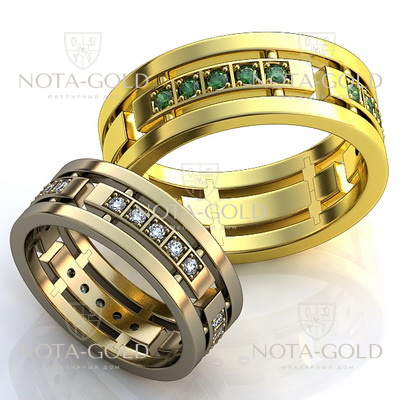 Фактурные обручальные кольца с бриллиантами на заказ i892 (Вес пары: 10 гр.)