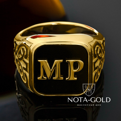 Мужская печатка из желтого золота с агатом и инициалами (Вес 25,6 гр.)