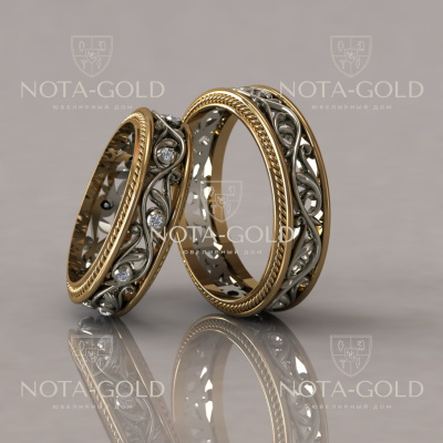 Ажурные обручальные кольца с растительным орнаментом и  бриллиантами на заказ  (Вес пары: 12 гр.)