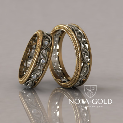 Ажурные обручальные кольца с растительным орнаментом и  бриллиантами на заказ  (Вес пары: 12 гр.)