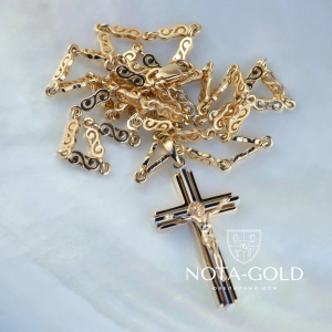 Именной золотой крест из двух видов золота на цепочке плетение Тайкан (Вес: 30 гр.)