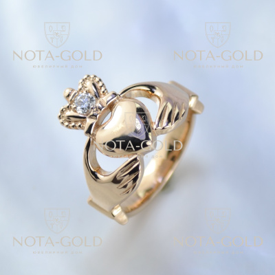 Кладдахское кольцо из красного золота с крупным бриллиантом в короне (Вес: 7 гр.)