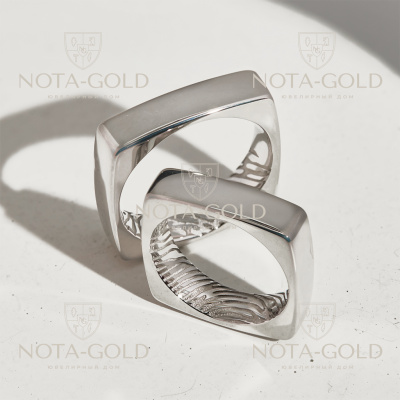 Квадратные обручальные кольца из белого золота с отпечатками пальцев (Вес: 20 гр.)