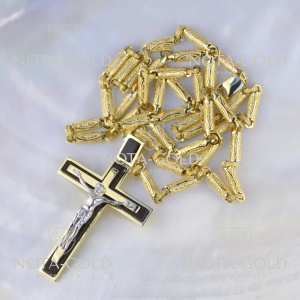 Православный золотой крест с распятием из дерева Эбен на цепочке плетение Узоры (Вес: 58 гр.)