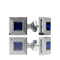 Пусеты из белого золота с бриллиантами и сапфирами квадратной формы (Вес: 8 гр.)