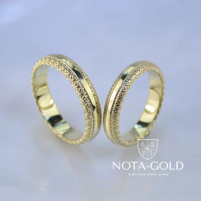 Узкие обручальные кольца из жёлтого золота с кружевами (Вес пары:11 гр.)