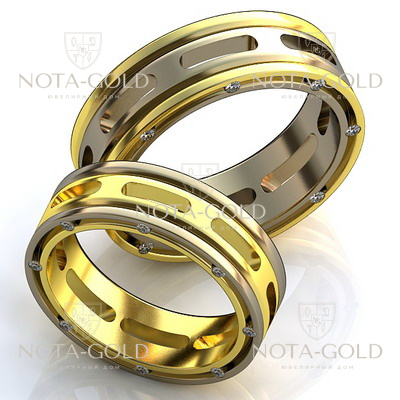 Двухцветные обручальные кольца с бриллиантами в торце на заказ i946 (Вес пары: 12 гр.)