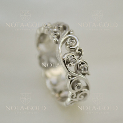 Женское кольцо из белого золота с бриллиантами и ажурным узором (Вес: 5 гр.)