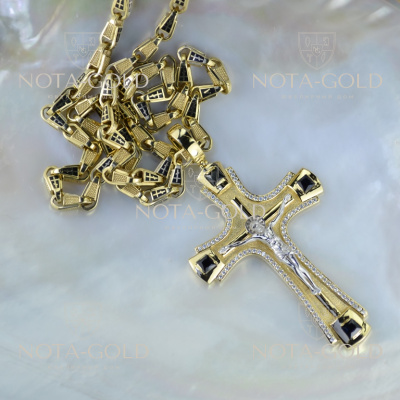 Большой мужской крест 8 см из жёлтого-белого золота с бриллиантами и сапфирами на православной цепочке (Вес: 83 гр.)