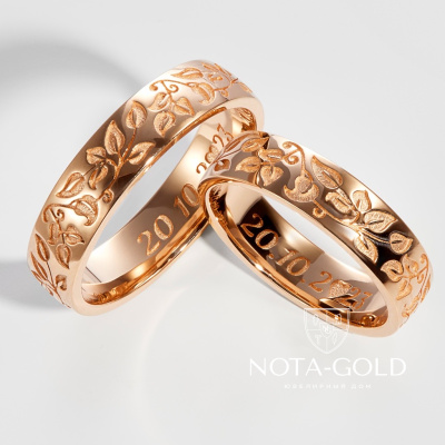 Эксклюзивные двухцветные обручальные кольца с листьями берёзы (Вес пары: 9,9 гр.)