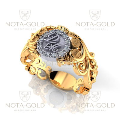 Ажурное именное золотое кольцо с бриллиантами, инициалами и площадкой под гравировку (Вес: 5 гр.)