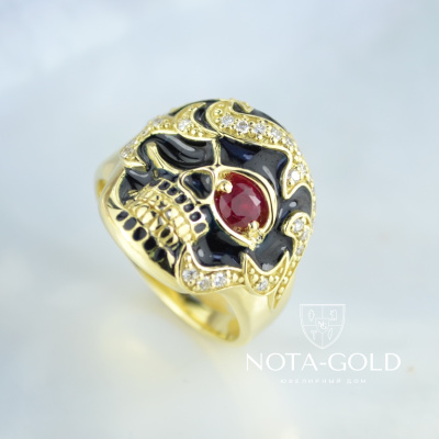 Мужское кольцо перстень череп с рубином, бриллиантами и чёрной эмалью (Вес: 17 гр.)